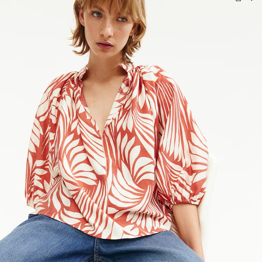 H&M Red and Cream Balloon Sleeve Blouse